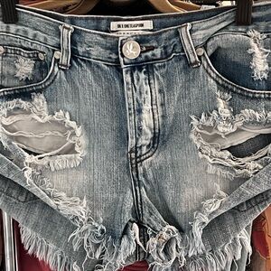 One Teaspoon Light Blue Distressed Frayed Hem Jean Shorts
